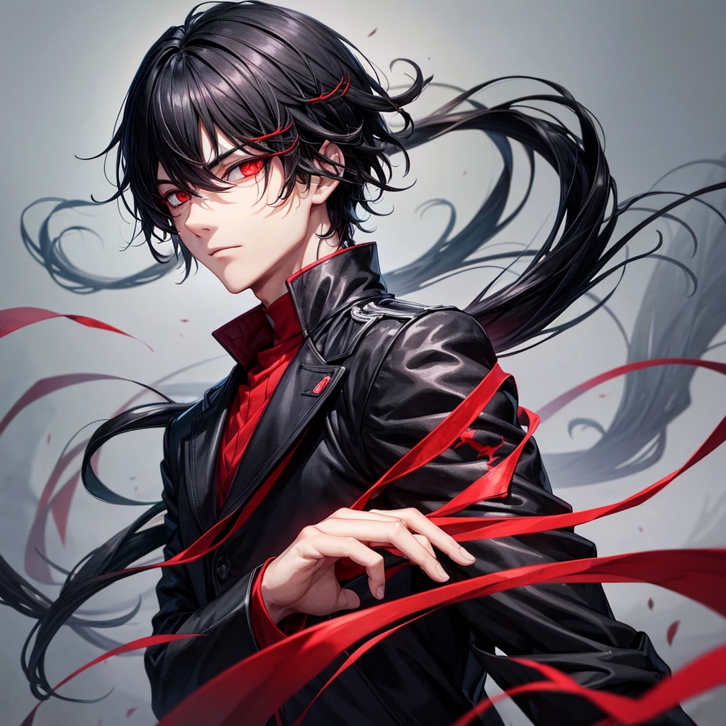 A man with black hair and red eyes, wearing black clothes 