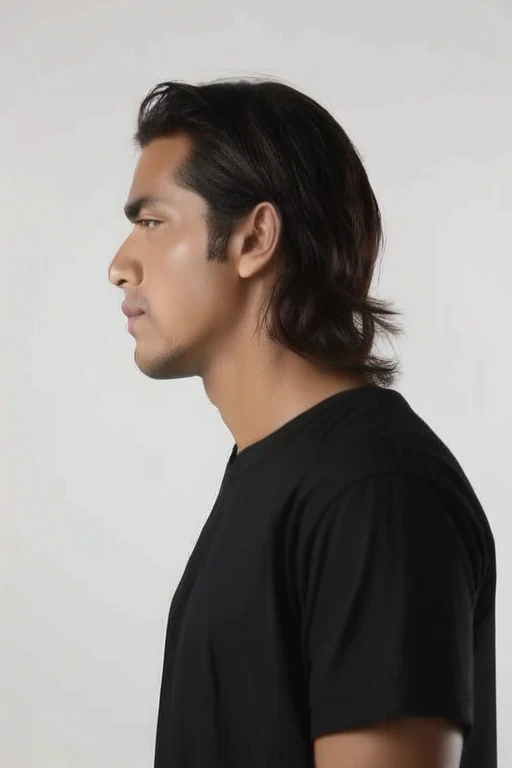 a handsome male model, black shirt, white background, looking at screen, standing straight, side profile