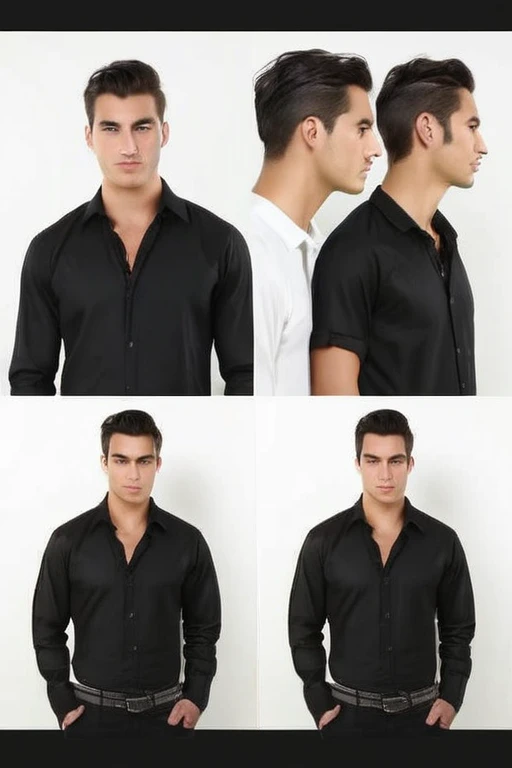 a handsome male model, black shirt, white background, looking at screen, standing straight, side profile