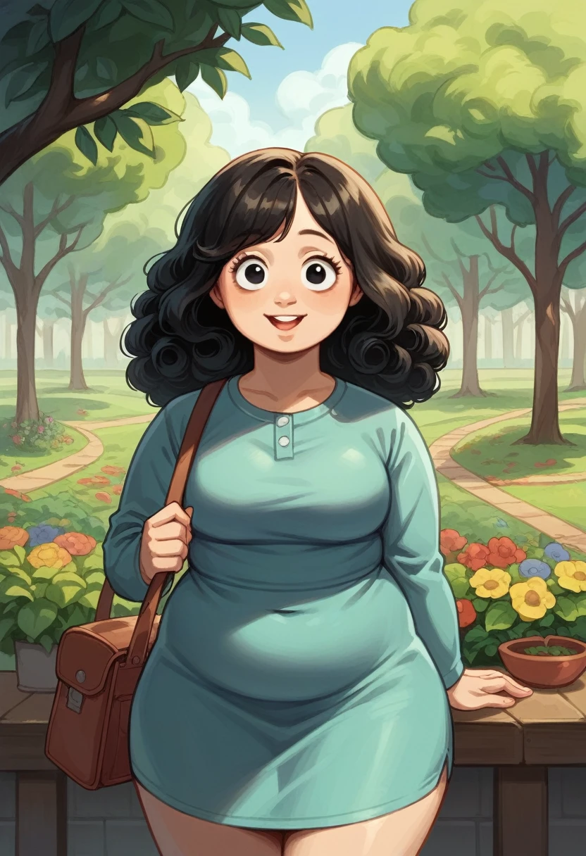 alone, 1 woman 40 years old, mulatto, chubby, Slim waist wide hips, black eyes, Round face, short black curly hair long side bangs, wearing dress, with side bag , notebook in hands, garden background, express me happy, Pixar-style