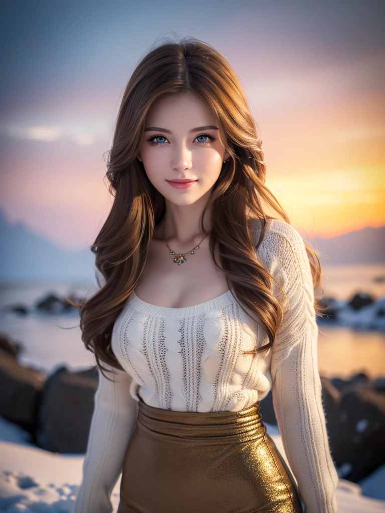 a beautiful young russian woman, detailed and photorealistic face, stunning eyes with long eyelashes, flawless skin, light brown hair, tight waist, wearing necklace, active posing, long hairstyle, confident expression, beautiful figure with gorgeous lips, fantasy snowy landscape background, loose-fitting knit clothing, (best quality,4K,8K,highres,masterpiece:1.2),ultra-detailed,(realistic,photorealistic,photo-realistic:1.37),HDR,studio lighting,physically-based rendering,professional,vivid colors,bokeh、smile