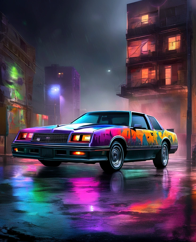 colorful 1986 Chevy Monte Carlo SS, greyed out dystopian city, blowing colors out of its tailpipe, give color back to the city, illustration, ultra-detailed, realistic, vibrant colors, studio lighting, urban landscape, high-res, HDR, dynamic lighting, smoke, smog, abandoned buildings, graffiti, cyberpunk aesthetics, neon lights, futuristic technology, rain-soaked streets, shadows, reflection, speed, motion blur, intensity, urban decay, steel, concrete, asphalt, darkness, contrast, heat haze, shining surfaces
