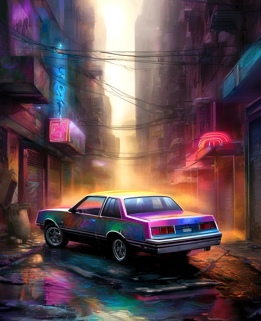 colorful 1986 Chevy Monte Carlo SS,  greyed out dystopian city, blowing colors out of its tailpipe, give color back to the city, illustration, ultra-detailed, realistic, vibrant colors, studio lighting, urban landscape, high-res, HDR, dynamic lighting, smoke, smog, abandoned buildings, graffiti, cyberpunk aesthetics, neon lights, futuristic technology, rain-soaked streets, shadows, reflection, speed, motion blur, intensity, urban decay, steel, concrete, asphalt, darkness, contrast, heat haze, shining surfaces