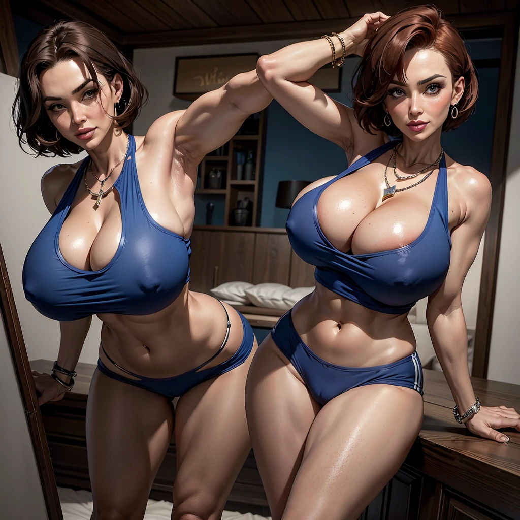Best quality, full body portrait, red short hair, bob haircut, forehead, 47 year old Lisa Ann, 1milf, voluptuous body, huge bust, large breasts, blue oversized crop top T-shirt, ((under boobs:1.4)), standing model pose, cameltoe, low waist blue shorts, bdsm bedroom, scene, long leg , necklace, rings, earrings, bracelet, watch