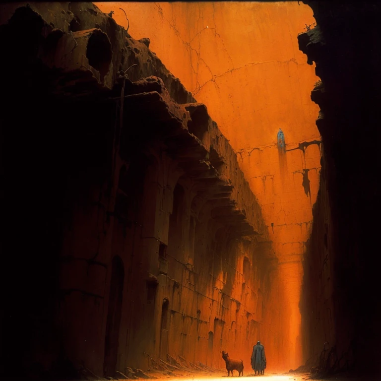 there is a man standing in a narrow tunnel with a dog, with inspiration from Beksinski, ( Beksinski ), audobon and Beksinski, high detailed Beksinski paintingg, cinematographic. Beksinski paintingg, Beksinski ”, Beksinski masterpiece, with. Beksinski, Beksinski painting, distaw Beksinski