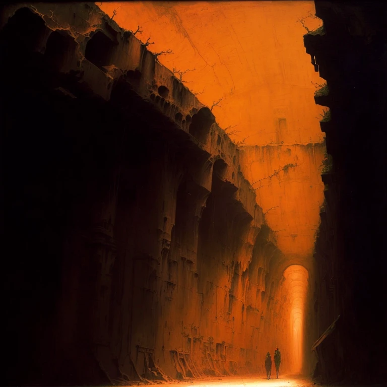 there is a man standing in a narrow tunnel with a dog, with inspiration from Beksinski, ( Beksinski ), audobon and Beksinski, high detailed Beksinski paintingg, cinematographic. Beksinski paintingg, Beksinski ”, Beksinski masterpiece, with. Beksinski, Beksinski painting, distaw Beksinski