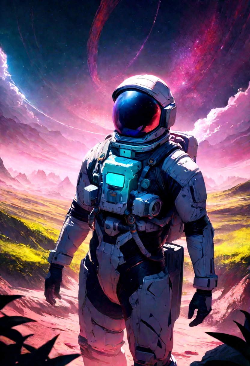 an astronaut standing in a lush field, nomanssky style wallpaper, 4K high resolution concept art beautiful masterpiece,abstract dream, space, intricate, large scale, alone, cinematic film still, Insane detail, sharp focus, depth of field , realistic lighting, (realistic perspective), complex, (multiple subjects), 4k HDR,