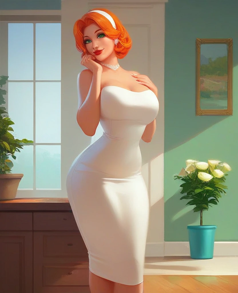 score_8, score_9, cecilia, 1 woman, adult female , mature woman body, solo, orange hair, short hair, green eyes, lips, red lipstik, long white dress, hairband, smile, indoors, white socks, blue shoes, in rich apartment, happy smile, standing, big breasts, sexy hips,