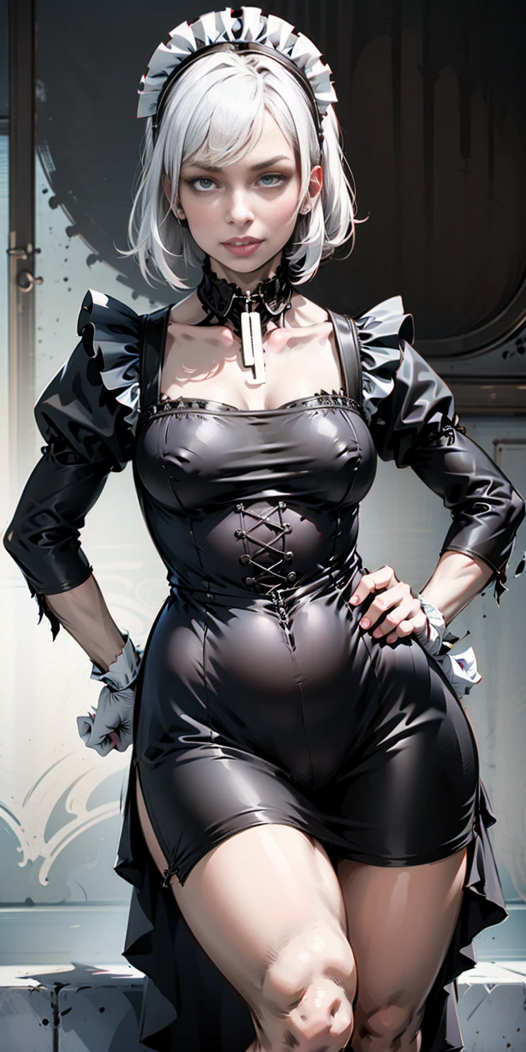 From a low angle, we see Tiffany, a confident single mom. Her short, white hair is styled in a bob, and her eyes are narrowed slightly. She has a slender figure with thin legs, but a hint of wider hips adds a touch of curvaceousness. Clad in a Victorian maid outfit, complete with a leather collar, she stands with her hands firmly on her hips, radiating a sense of self-assured beauty.