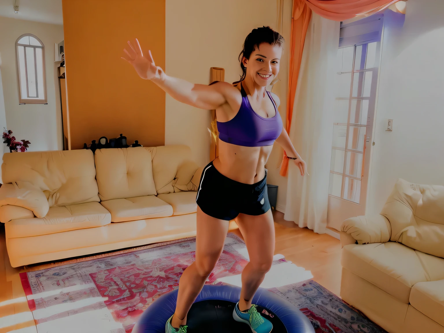 there is a woman standing on a trampol in a living room, cottagecore!! fitness body, bouncing, working out, indoor shot, sweating, in a jumping float pose, caroline gariba, toned shape, jumping, indoor, bottom angle, hypersphere, in good physical shape, mina petrovic, taken with sony a7r camera, by Ella Guru