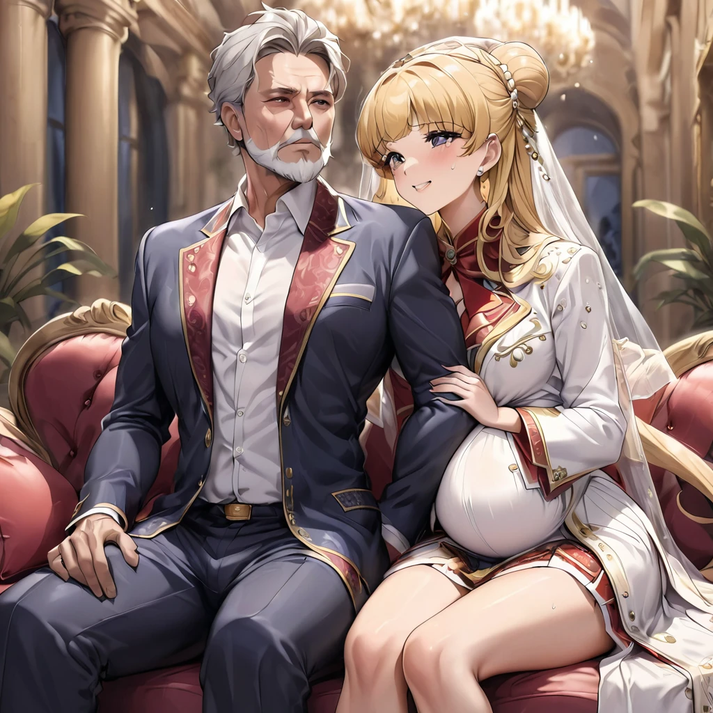 ((Highest quality)), ((masterpiece)), (detailed), （Perfect Face）、The woman is an Italian named Tsukino Usagi, and is in an Italian mansion wearing the gorgeous and dazzling Italian traditional Sardinian costume, a lavishly decorated velvet jacket, a long veil, gorgeous jeweled accessories and an engagement ring. The woman and the man are sitting on a luxurious, large sofa in the luxurious room, and the woman is being held in the arms of a dignified and strong Italian middle-aged man with a beard.、The woman is the elegant Tsukino Usagi, with long blonde hair in a chignon twin tail, wearing a velvet jacket decorated with the Italian national costume of Sardinia, and a long veil.、the woman is pregnant