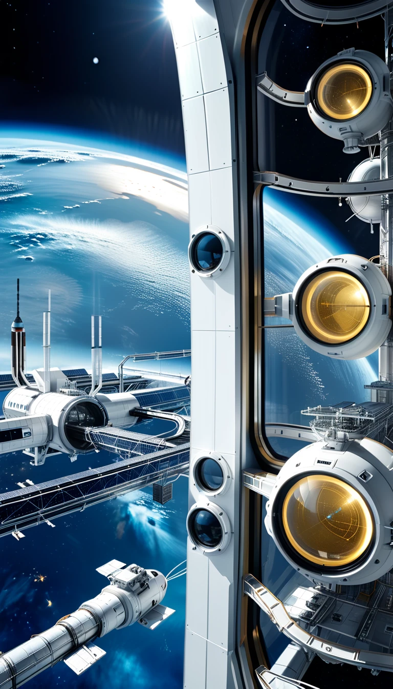 Looking out the blinking window,Extraterrestrial megacity,Space station and energy center in a futuristic lunar habitat,Moon Buggy,The space station、Rendered in a digital illustration style focusing on the futuristic architecture of the settlement。,Houston Rocket Launch Site,satellite,((A high-speed rail)),(The space station and high-speed rail wire frame holograms:1.4), Rendered in 3D rendering style,Filmed with professional lighting and color grading、Looks super realistic,Blue and white, (The main body of the space station does not light up:1.2),(Dark blue background:1.2),(Nebula and Sun:1.3),high-speed rail,