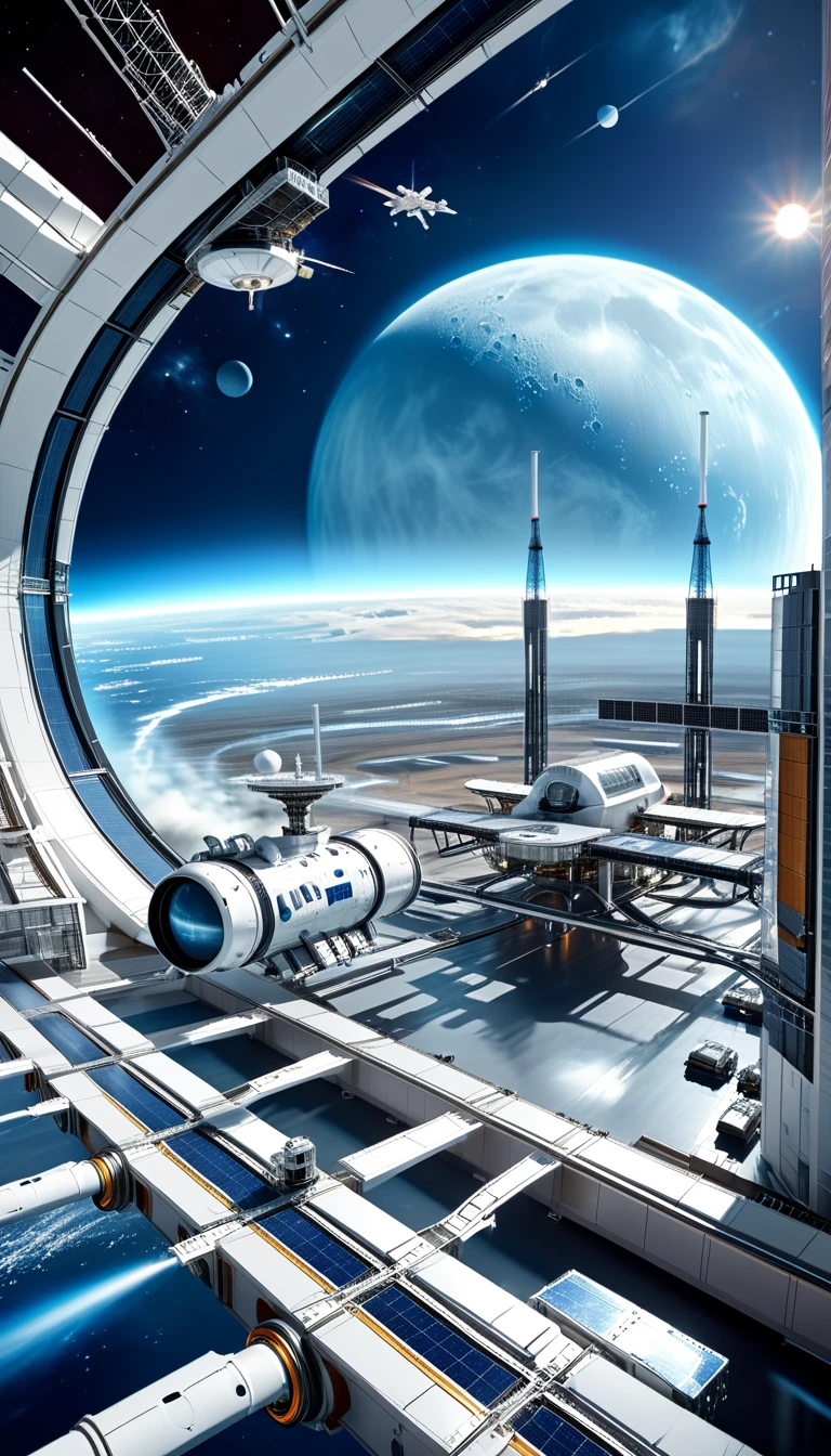 Looking out the blinking window,Extraterrestrial megacity,Space station and energy center in a futuristic lunar habitat,Moon Buggy,The space station、Rendered in a digital illustration style focusing on the futuristic architecture of the settlement。,Houston Rocket Launch Site,satellite,((A high-speed rail)),(The space station and high-speed rail wire frame holograms:1.4), Rendered in 3D rendering style,Filmed with professional lighting and color grading、Looks super realistic,Blue and white, (The main body of the space station does not light up:1.2),(Dark blue background:1.2),(Nebula and Sun:1.3),high-speed rail,