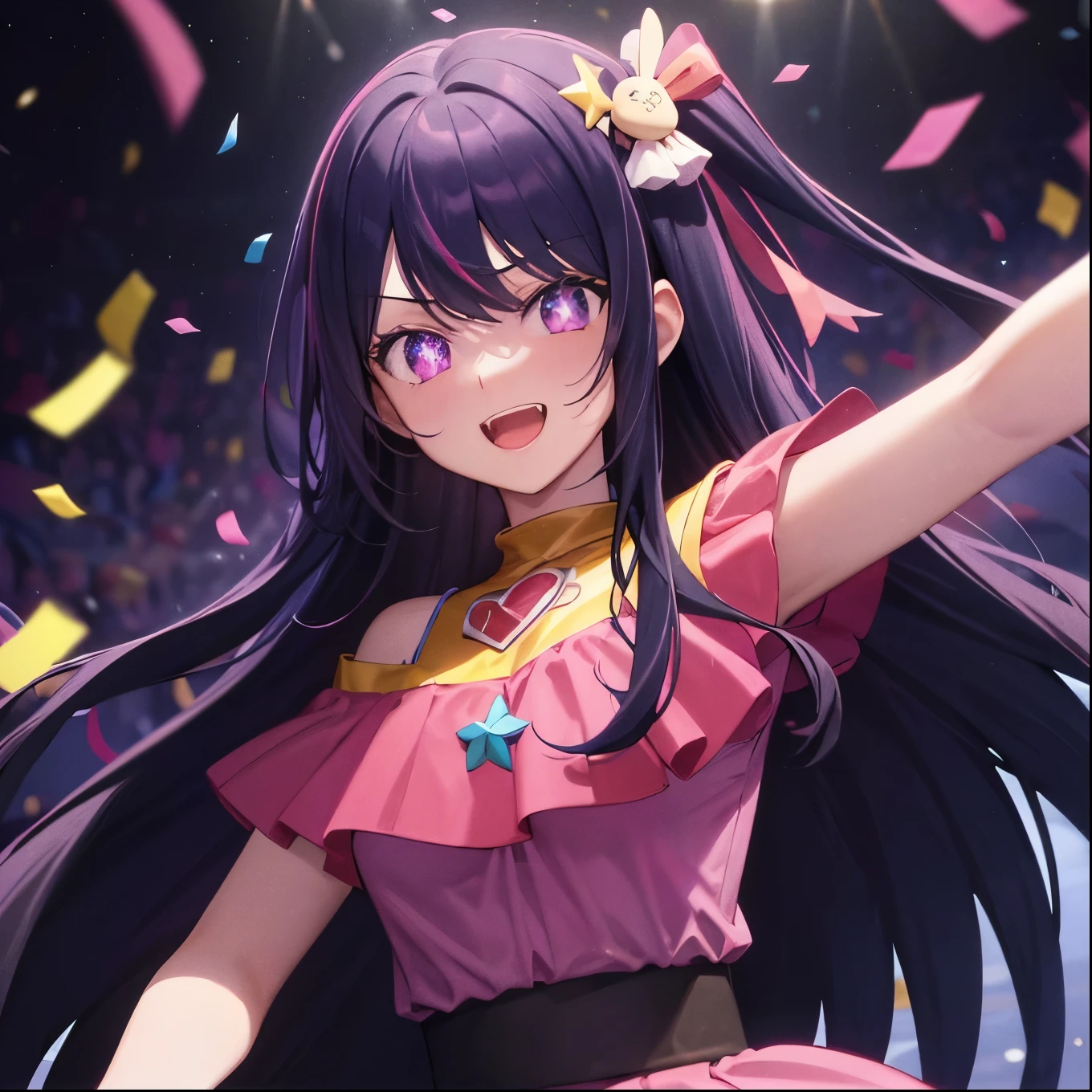 (masterpiece:1.3), (best quality:1.2), (8k, ultra detailed, ultra high res:1.3), ((anime style)), (perfect 5 fingers:1.1), perfect anatomy, (confetti:1.2),
1girl,
Hoshino Ai
BREAK long hair,
black hair, purple eyes, star-shaped pupils,
medium breasts,
(star dress, pink dress, yellow collar, pink gloves, pink thigh boots),
open mouth, happy, waving gesture, dynamic pose,
looking at viewer,
BREAK upper body,
stage, concert, stage lights, audience, (light particles:1.5), (confetti:1.1)