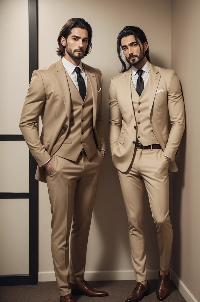 Very elegant devil dressed in a suit and Jesus dressed in beige clothes