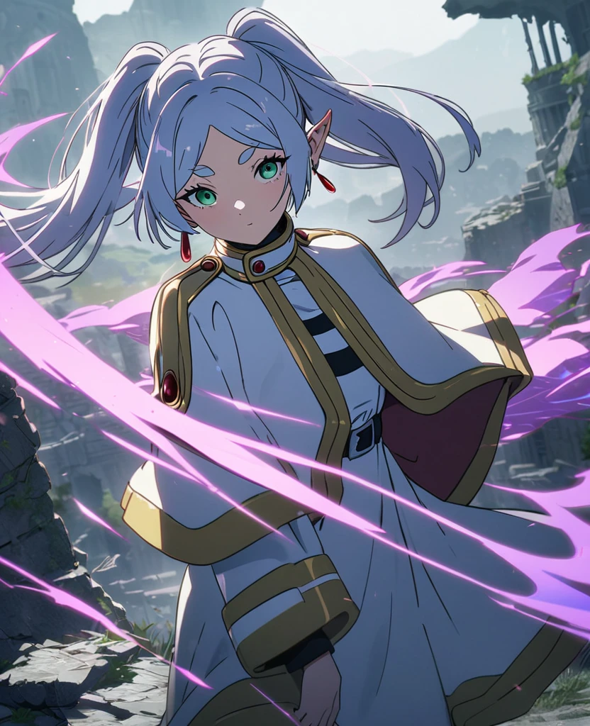 ((Frieren)), mage, wind blowing, ruins in the valley, purple magic, classic outfit, double ponytail, green eyes, 8K, high quality, full HD.