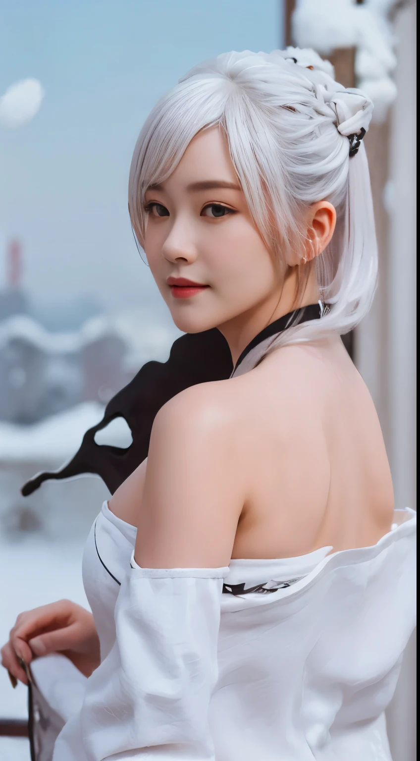 1 girl, (white hair:1.2), (portrait:1.3), (Chest, , (red hanfu), (Winter hanfu:1.2), Cloak, (snow:1.3), (masterpiece, best quality:1.5), (中等Chest), (Bare shoulders, Strapless:1.5), Light, Depth of Field, from behind, masterpiece