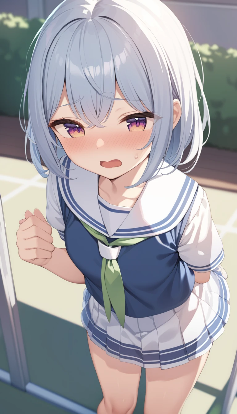 masterpiece,Highest quality,Super detailed, girl,,Sailor suit,Schoolyard, Open your mouth,shy