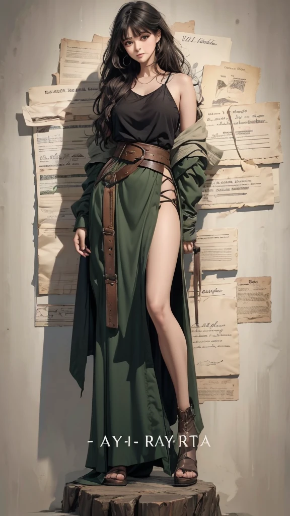 Rustic Sketchbook Style, Sketch Book, Hand Drawn, Dark, Gritty, Realistic Sketch, Rough Sketch, Mix of Bold Dark Lines and Loose Lines, Bold Lines, On Paper, Turnaround Character Sheet, a ((Stunningly Beautiful Goddess YoungWoman)), ((Black Hair)), ((Noble Range Medieval)), ((Ligth Green Eyes)), ((Liza Soberano)), ((26 Years Old)), Natural Light, Dynamic, Highly Detailed, Watercolor Painting, Watercolor Paper, Artstation, Concept Art, Smooth and Crisp, Sharp Focus, Illustration, High Shot, Slim Body, ((Range Costumes)), ((Long Hair)), ((Dark Green and Brown)), ((Black Hair)), ((Full Body)), (Runes Symbols), Clear Theme, Perfect Composition Ratio, Masterpiece, Best Quality, 4K, Sharp Focus. Better Hand, Perfect Anatomy. by AYMSHANK