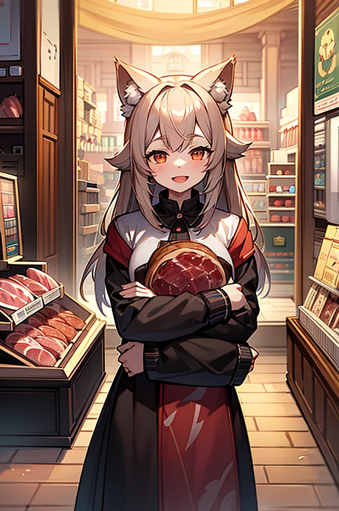 ((best quality)), ((​masterpiece)), (Detailed), 1 happy wolf girl in a shop full of salami and meat