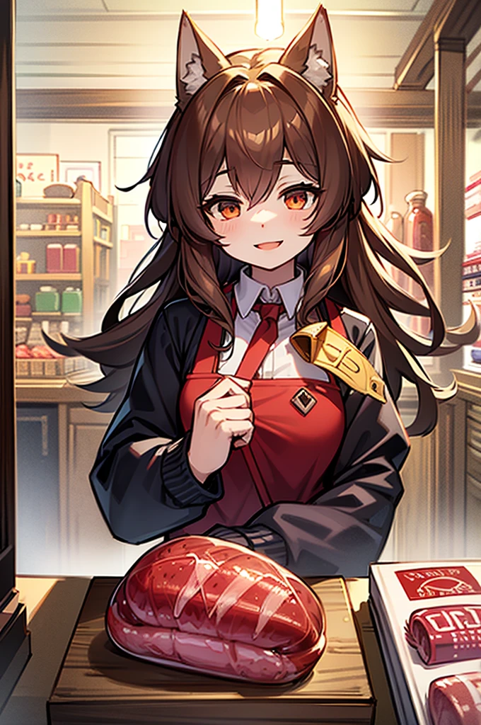 ((best quality)), ((masterpiece)), (Detailed), 1 happy wolf girl in a shop full of salami and meat