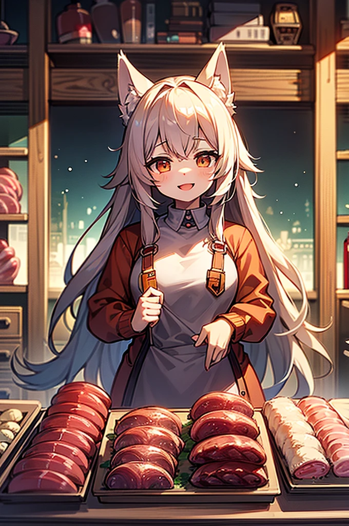 ((best quality)), ((masterpiece)), (Detailed), 1 happy wolf girl in a shop full of salami and meat