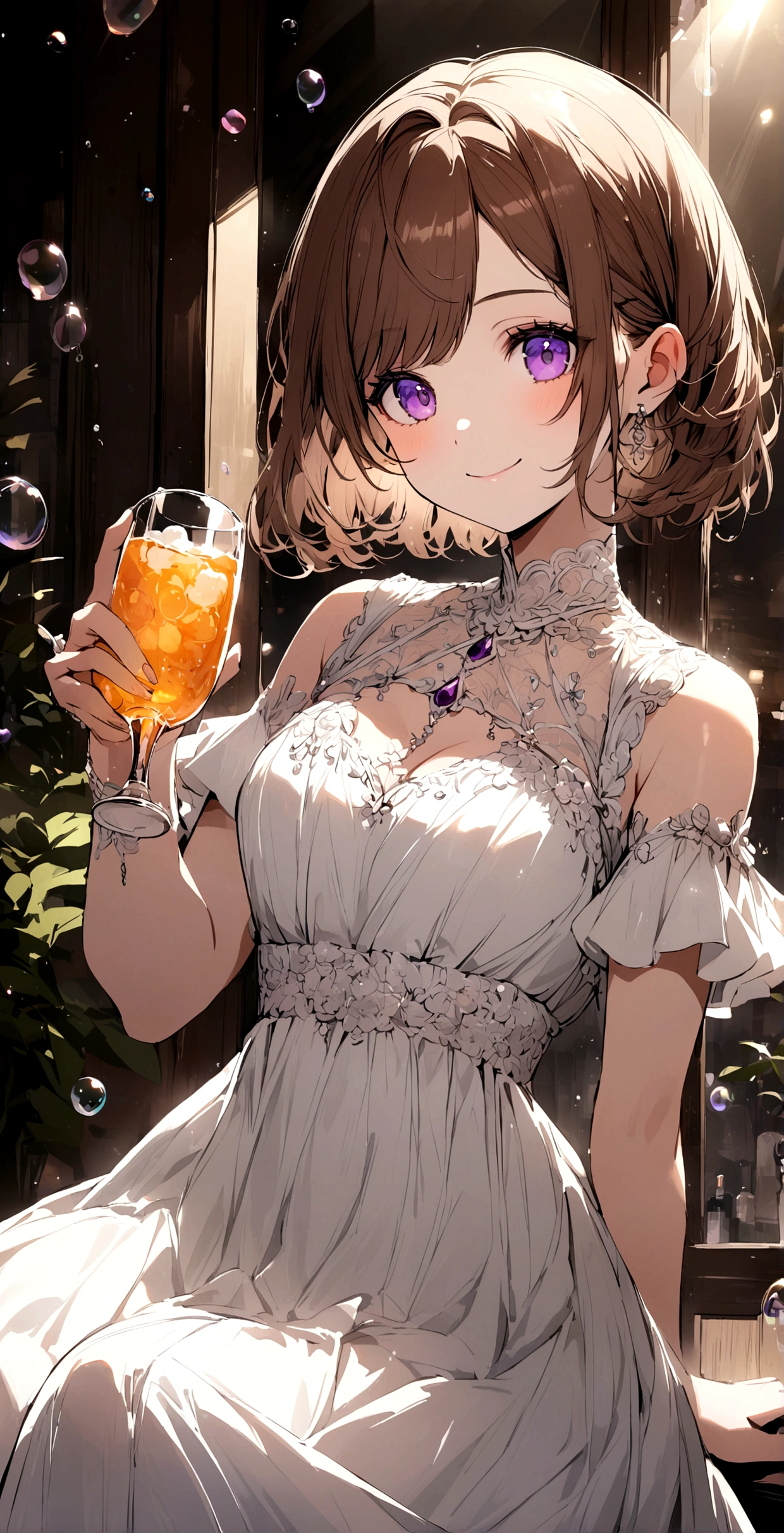Brown short hair,Part your bangs to the right,Purple eyes,A beautiful and delicate white dress,Offering a drink with a smile,Light shining on the subject,so beautiful,Soap bubble,