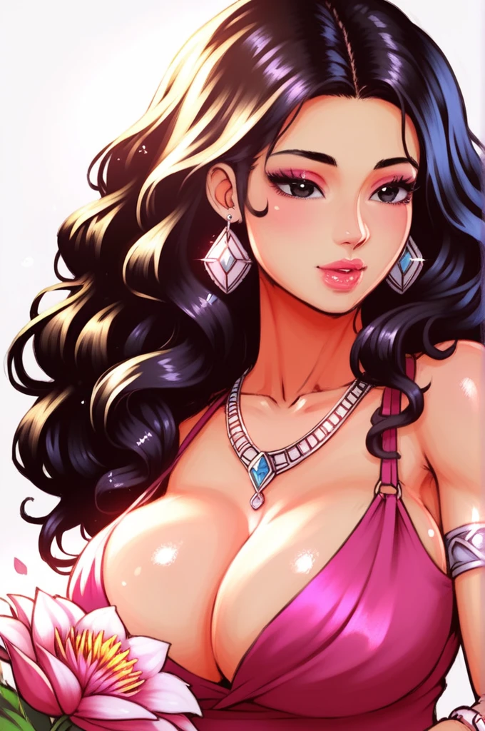 (absurderes, A high resolution, Ultra detailed, hdr), Masterpiece, Best quality, Portrait of an Indian
Goddess Lakshmi, extreme realistic very beautiful, animated style, closeup shot, anime in a(((pink))) indian dress (((saree))), long black wavy hair untied, head jewellery, necklace, earings, armlets, bangles and bracelets, rings, pleasant expression, bright big black eyes, holding a lotus flower, natural beauty, vibrant colors, dreamy, northern light, pink bubble, romantic, soft lighting, vintage aesthetic,big breasts, cleavage
