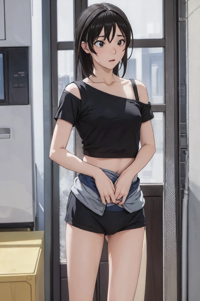 ((masterpiece, best quality)),((highres:1.2)), 1 Girl, solo, Cowboy Shot, Blurred Background, (((Small breasts))), Thighs, (Stripe underwear), ((sexy One Shoulder T-Shirts)), Off the shoulder,