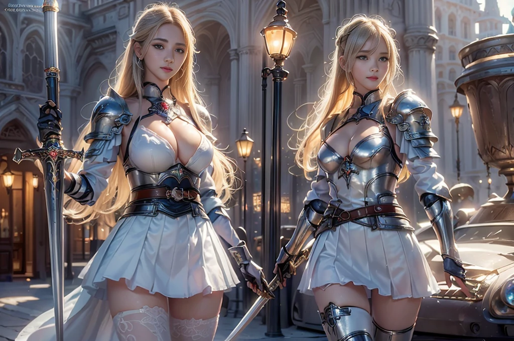 Top quality, masterpiece, very high resolution, (photorealistic: 1.4), Raw photo, 3 girls, long straight blond hair cut in a bob, light blue eyes, (beautiful breasts）、shiny skin、(( (beautiful detailed European faces)))、With a beautiful sword and shield、gorgeous and resplendent luminous girls,（Beautiful silver  armor、mini skirt, (((Random straight hair))),(((beautiful legs))), (proportionate  ),  look, ((beautiful smiling)), ((Street background of a heroic fantasy city)), (Ultimate beauty), (Detailed and realistic beauty face), ((see pantie)), ((apparent )), (Small LED), ((Super realistic details)), portlate, global lighting, Shadow, octane rendering, 8k, ultra-sharp, exposed raw skin in neckline, metals, Intricate ornament details, very intricate details, Lightweight and realistic (Mystical expression), CGSoation trend, bright eyes, Facing the camera), Gundam, Small LED.

