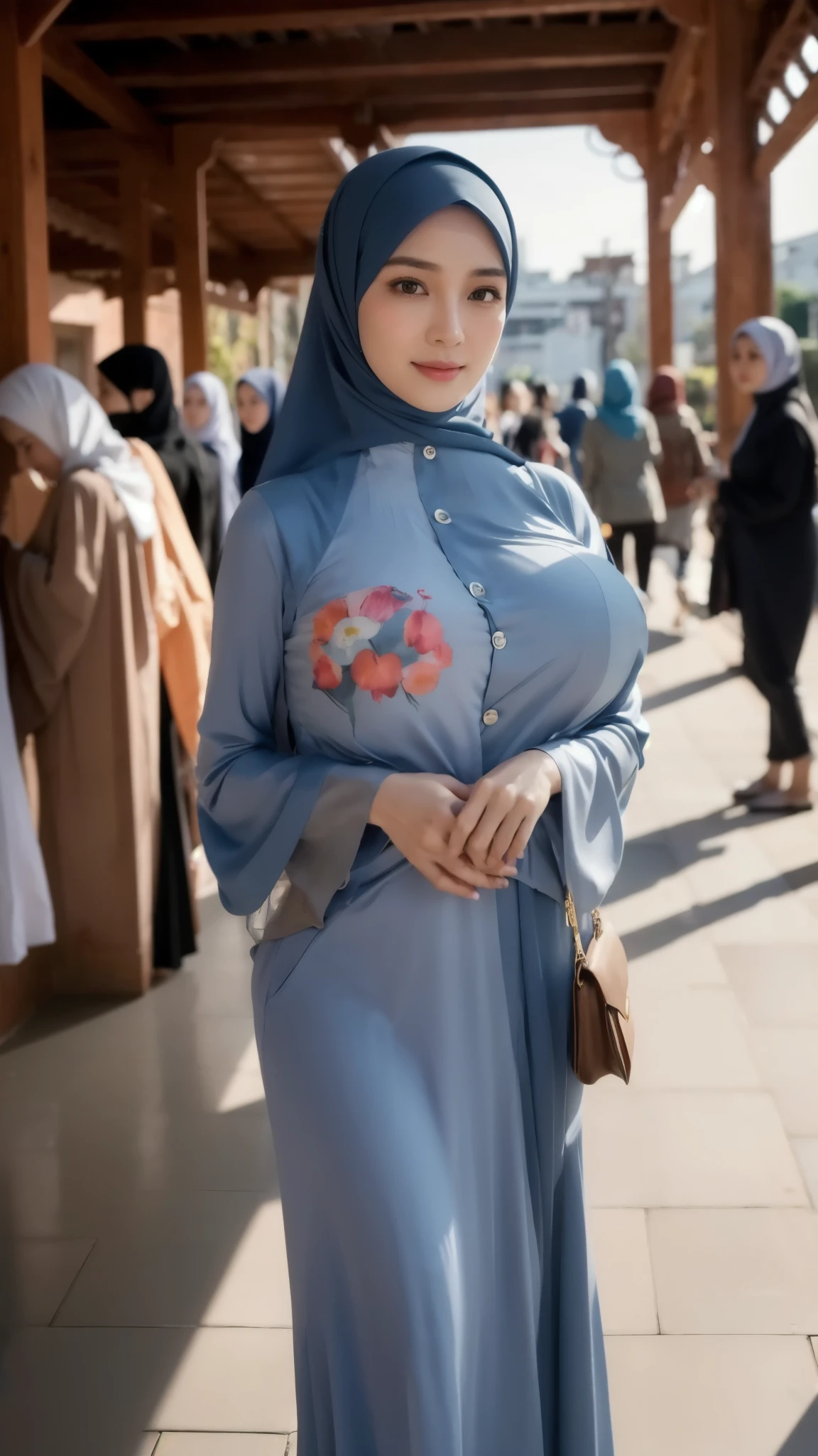 (((high detailed skin,visible pores))), dreamlike, (ulzzang-6500-v1.1:0.5),pureerosface_v1:0.2, face close-up, 1 girl, tall body, slim faces, body abs:1.2, Luna Maya, 30 years old, blushing, hijab ( the hijab covered the hair ), (8K, raw photo, highest quality, flying fragments: 1.2), (reality, realita: 1.4), sharp focus on something big, slim faces, medium breasts, shy smile, visible pores, cinematic lighting, bright light, eye beauty details, shiny and smooth skin, red lipstick, shiny skin, super dense skin, high resolution, complicated hijab, detailed style, detailed beauty face, very realistic, perfect body parts, perfect anatomy, 1 Japanese girl, famous Japanese idol, perfect female body, beautiful eyes, short eyelashes, double eyelids, look straight towards here, wearing white scrunchie, wearing a long dusty blue Malay gamis, walking, standing upright and facing me, so the whole body can be seen, autumn season, abaya clothes, looking straight at me, wearing a scarf, view of the flowers garden, brick road, focus look at me