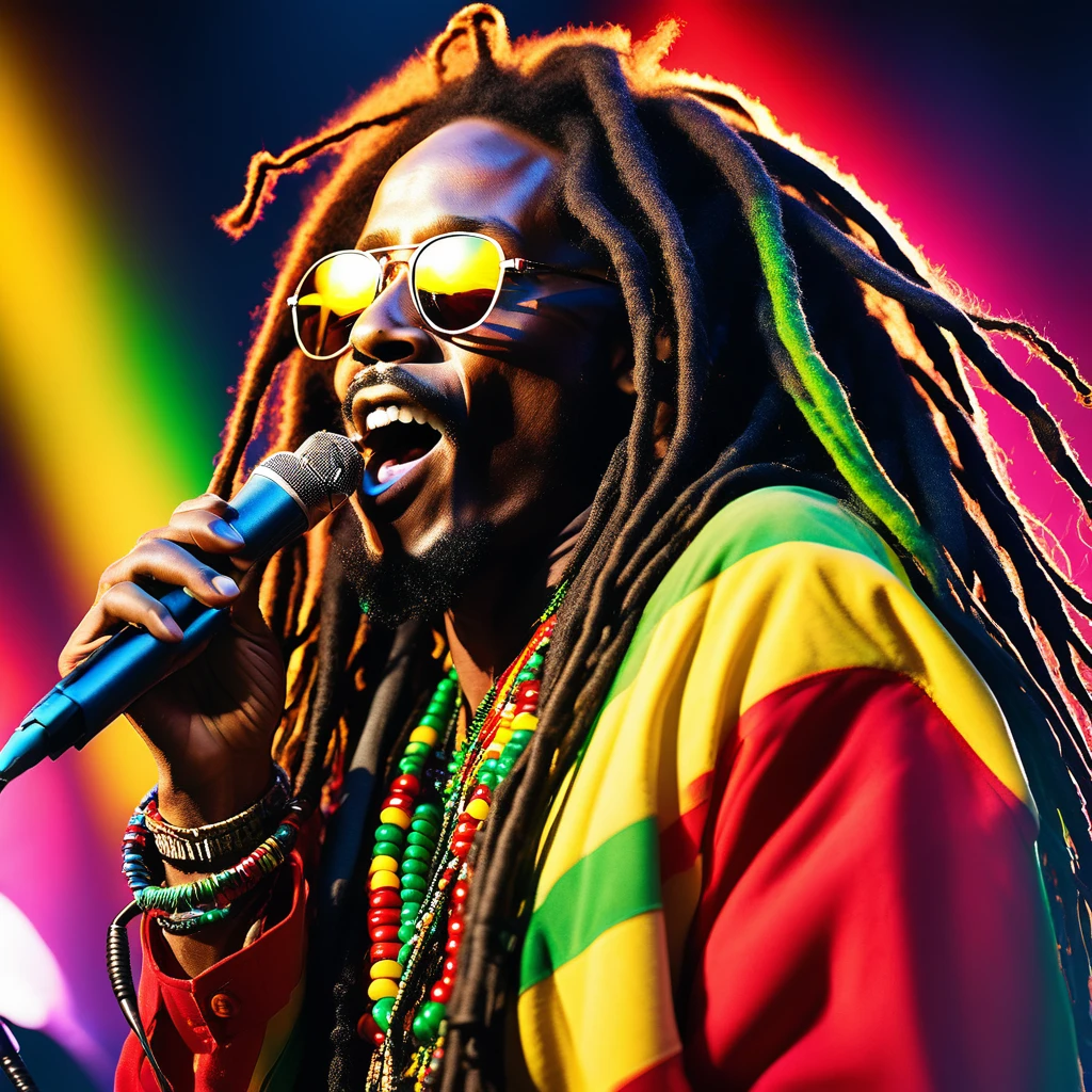 A close-up photo of Marley Blaze, a fictional 1980s male Reggae superstar with dark skin. He has long, thick dreadlocks and exudes a charismatic presence. Marley is dressed in a vibrant Rastafarian outfit featuring the colors red, yellow, and green. He accessorizes with a beaded necklace and stylish sunglasses. He holds a microphone close to his mouth, ready to perform, with a confident and energetic expression. The background features colorful lights, suggesting a lively concert scene.