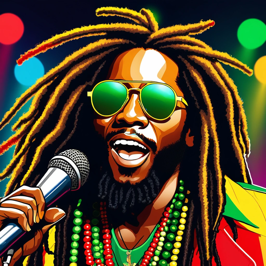 A close-up photo of Marley Blaze, a fictional 1980s male Reggae superstar with dark skin. He has long, thick dreadlocks and exudes a charismatic presence. Marley is dressed in a vibrant Rastafarian outfit featuring the colors red, yellow, and green. He accessorizes with a beaded necklace and stylish sunglasses. He holds a microphone close to his mouth, ready to perform, with a confident and energetic expression. The background features colorful lights, suggesting a lively concert scene.