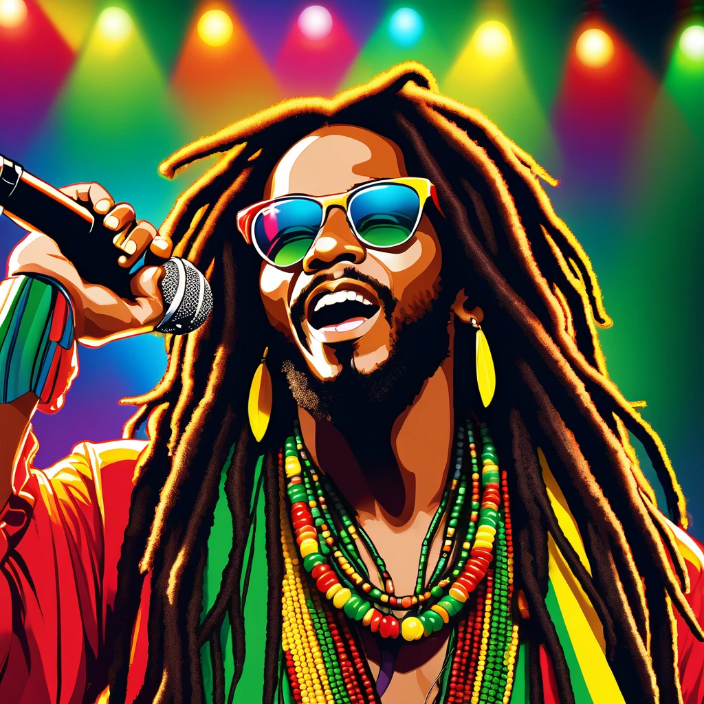 A close-up photo of Marley Blaze, a fictional 1980s male Reggae superstar with dark skin. He has long, thick dreadlocks and exudes a charismatic presence. Marley is dressed in a vibrant Rastafarian outfit featuring the colors red, yellow, and green. He accessorizes with a beaded necklace and stylish sunglasses. He holds a microphone close to his mouth, ready to perform, with a confident and energetic expression. The background features colorful lights, suggesting a lively concert scene.