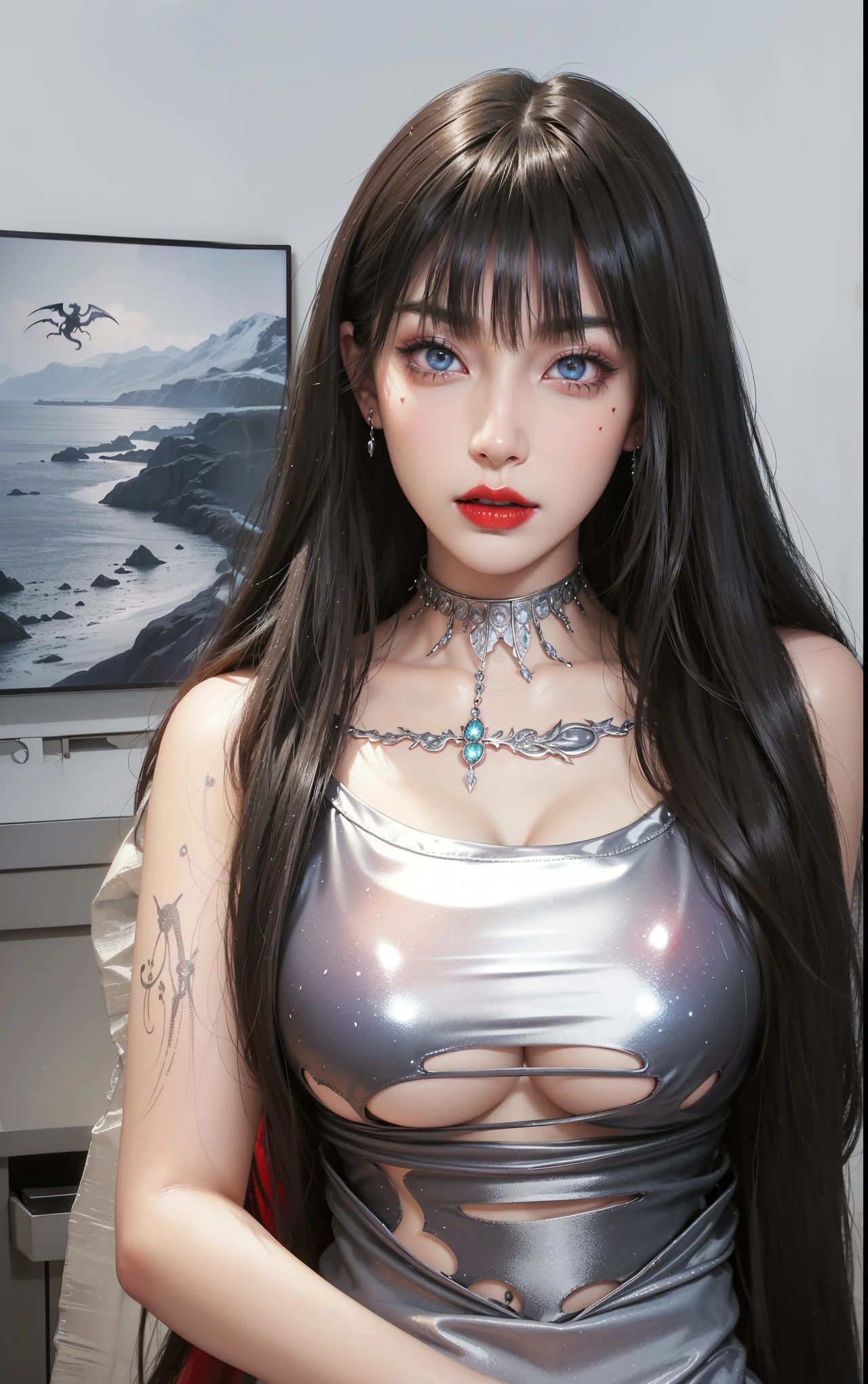 Detailed image quality，Witch Pandora，wing, Succubus Theme，堕落Angel，Excellent，scary，Secret Terror，Tentacles，With eyes，Uncanny Valley Effect，Beast Blood Moon，skeleton，vampire，Hellfire，Dark Queen，Angel，magician magic witch，16岁Angel，Eyes are blue(Pupils as deep as the starry sky)，Gorgeous tattoo designs all over the body，Surreal photos(8K picture quality，Rich in details)，Dark eyeshadow，Sexy thick lips(Red lipstick)，Tattoo designs on body，Dark Queen，Wear luxurious gold jewelry，Silver Crystal Armor，Sparkling diamond gemstone，breasts   symmetrical