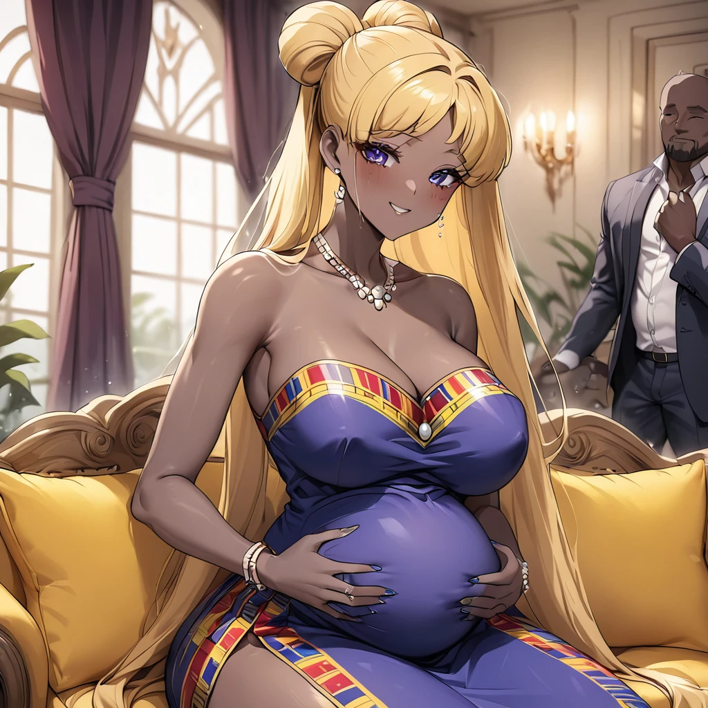((Highest quality)), ((masterpiece)), (detailed), (Perfect Face)、The woman is a Ghanaian black woman named Tsukino Usagi with vivid dark skin. She is wearing the gorgeous, colorful, glittering Ghanaian traditional kente dress in a luxurious Ghanaian mansion, with gorgeous jeweled accessories and an engagement ring. The woman and the man are sitting on a luxurious, large sofa in a luxurious room, and the woman is being held in the arms of a dignified, muscular, bearded, middle-aged Ghanaian man.、The woman is the elegant Tsukino Usagi, with long blonde hair in a chignon twin tail, and a vivid dark-brown skin wearing the colorful Ghanaian national dress, Kente.、(The woman is a dark-skinned black Ghanaian.)、the woman is pregnant