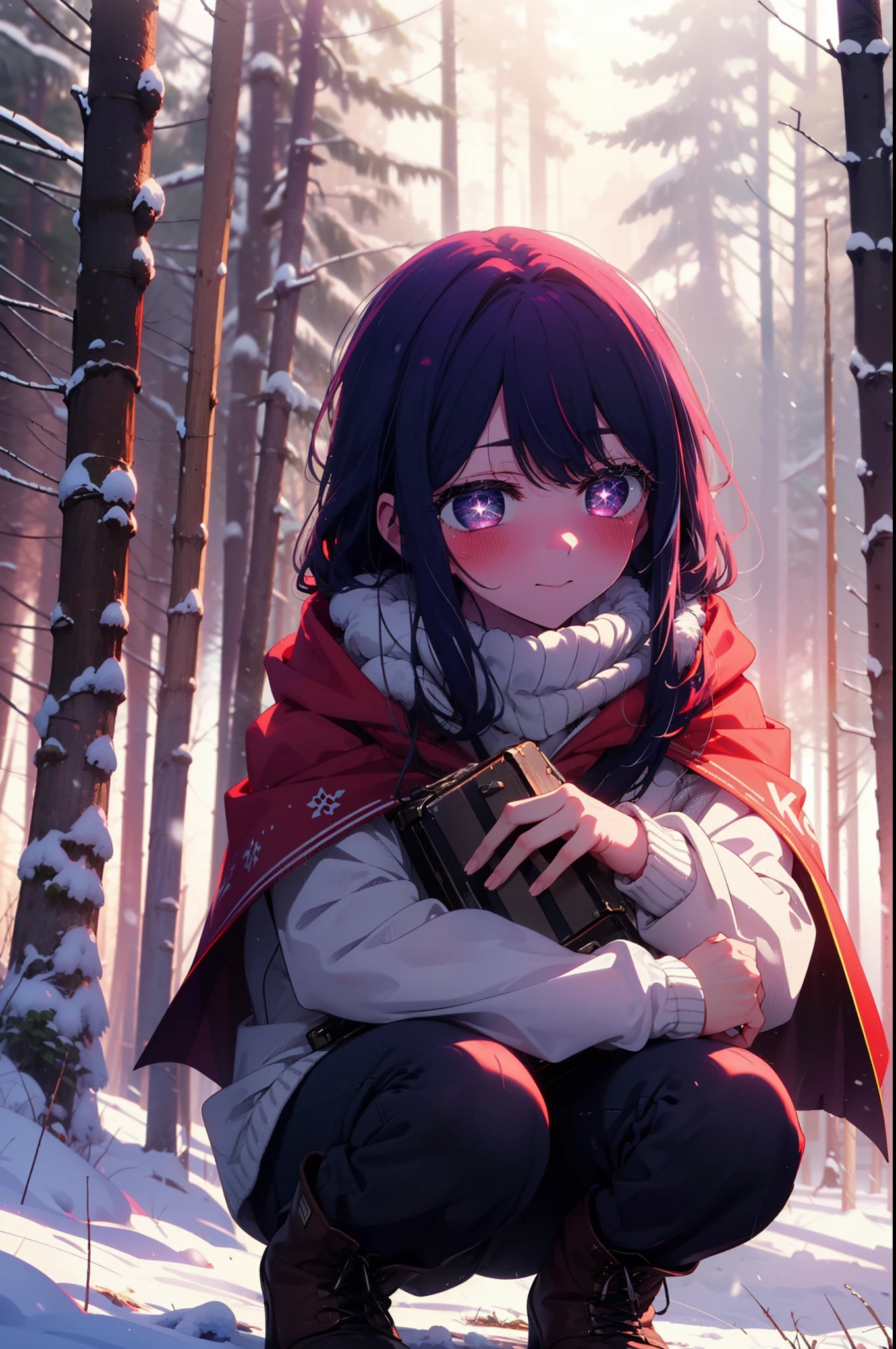 aihoshino, Ai Hoshino, Long Hair, bangs, (Purple eyes:1.1), Purple Hair, (Symbol-shaped pupil:1.5), smile,,smile,blush,White Breath,
Open your mouth,snow,Ground bonfire, Outdoor, boots, snowing, From the side, wood, suitcase, Cape, Blurred, , forest, White handbag, nature, Squat, Mouth closed, Cape, winter, Written boundary depth, Black shoes, red Cape break looking at viewer, Upper Body, whole body, break Outdoor, forest, nature, break (masterpiece:1.2), Highest quality, High resolution, unity 8k wallpaper, (shape:0.8), (Beautiful and beautiful eyes:1.6), Highly detailed face, Perfect lighting, Extremely detailed CG, (Perfect hands, Perfect Anatomy),