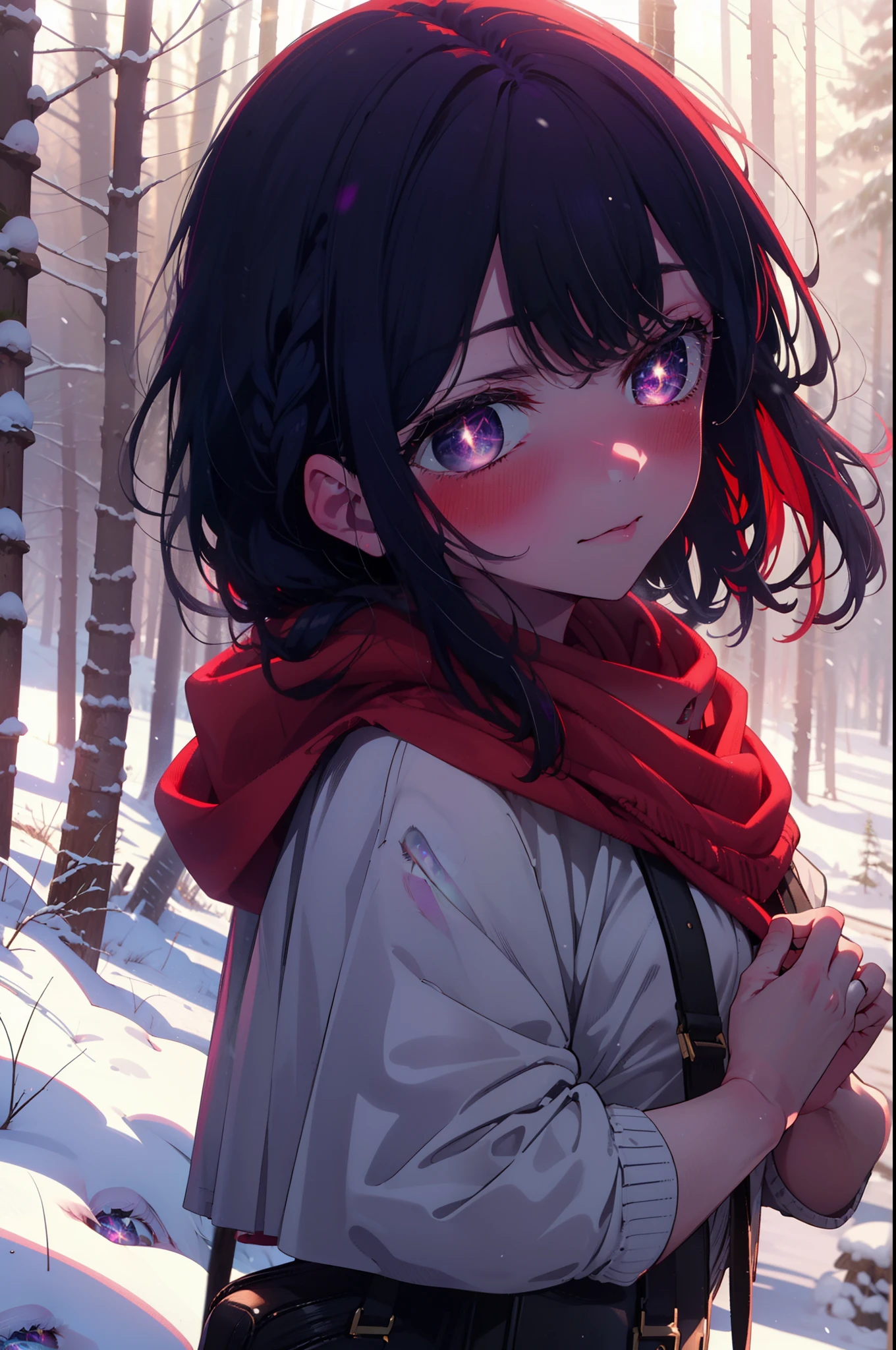 aihoshino, Ai Hoshino, Long Hair, bangs, (Purple eyes:1.1), Purple Hair, (Symbol-shaped pupil:1.5), smile,,smile,blush,White Breath,
Open your mouth,snow,Ground bonfire, Outdoor, boots, snowing, From the side, wood, suitcase, Cape, Blurred, , forest, White handbag, nature,  Squat, Mouth closed, Cape, winter, Written boundary depth, Black shoes, red Cape break looking at viewer, Upper Body, whole body, break Outdoor, forest, nature, break (masterpiece:1.2), Highest quality, High resolution, unity 8k wallpaper, (shape:0.8), (Beautiful and beautiful eyes:1.6), Highly detailed face, Perfect lighting, Extremely detailed CG, (Perfect hands, Perfect Anatomy),