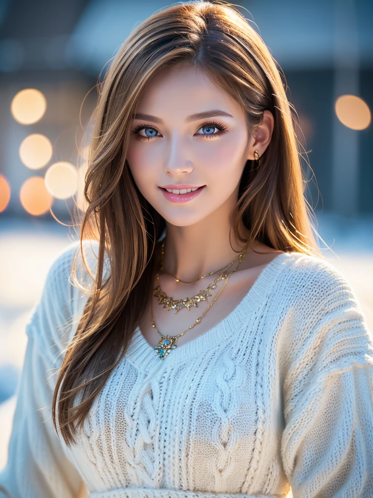 a beautiful young russian woman, detailed face, ((high quality)), photorealistic, stunning eyes, long eyelashes, flawless skin, light brown hair, tight waist, necklace, active posing, long hairstyle, vivid colors, masterpiece, best quality, confident expression, ultra-detailed, (realistic:1.37), 8K, HDR, studio lighting, physically-based rendering, professional, vivid colors, bokeh, beautiful figure, gorgeous lips, fantasy snowy landscape、Loose-fitting knit clothing、smile