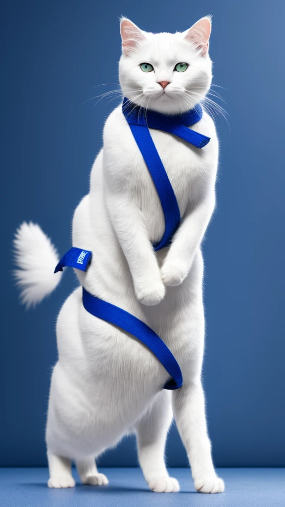 “A unique and dynamic depiction of a white cat wearing a blue judo uniform standing in a human-like posture with feet shoulder-width apart and arms down, high-definition, 8K image, background with a grey gradient.”
