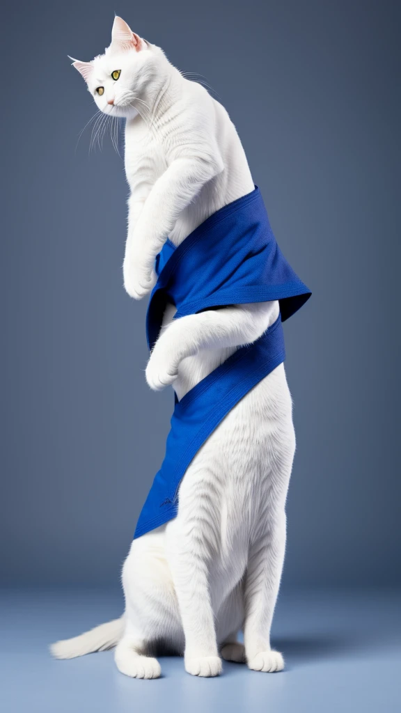 “A unique and dynamic depiction of a white cat wearing a blue judo uniform standing in a human-like posture with feet shoulder-width apart and arms down, high-definition, 8K image, background with a grey gradient.”