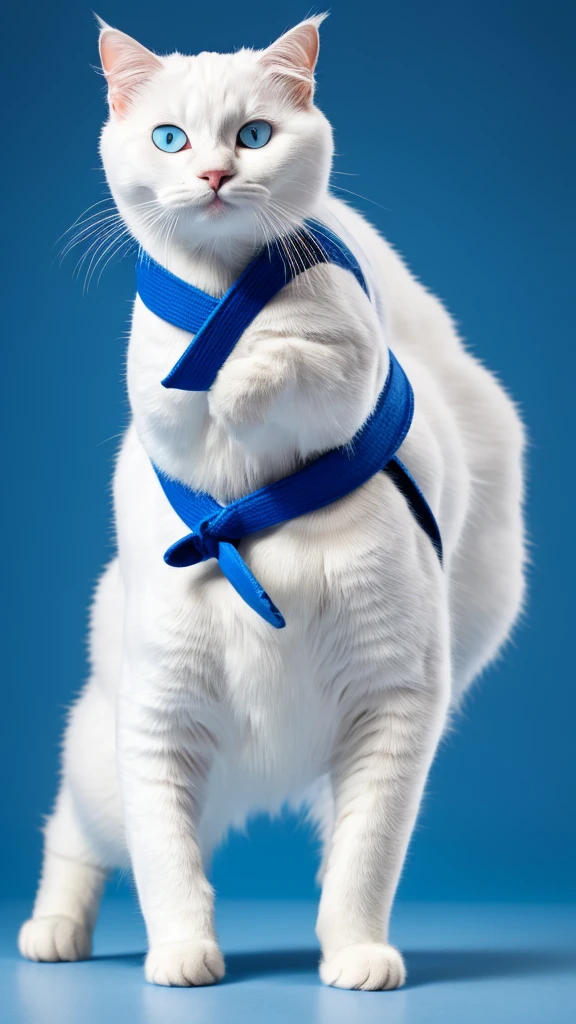 “A unique and dynamic depiction of a white cat wearing a blue judo uniform standing in a human-like posture with feet shoulder-width apart and arms down, high-definition, 8K image, background with a grey gradient.”