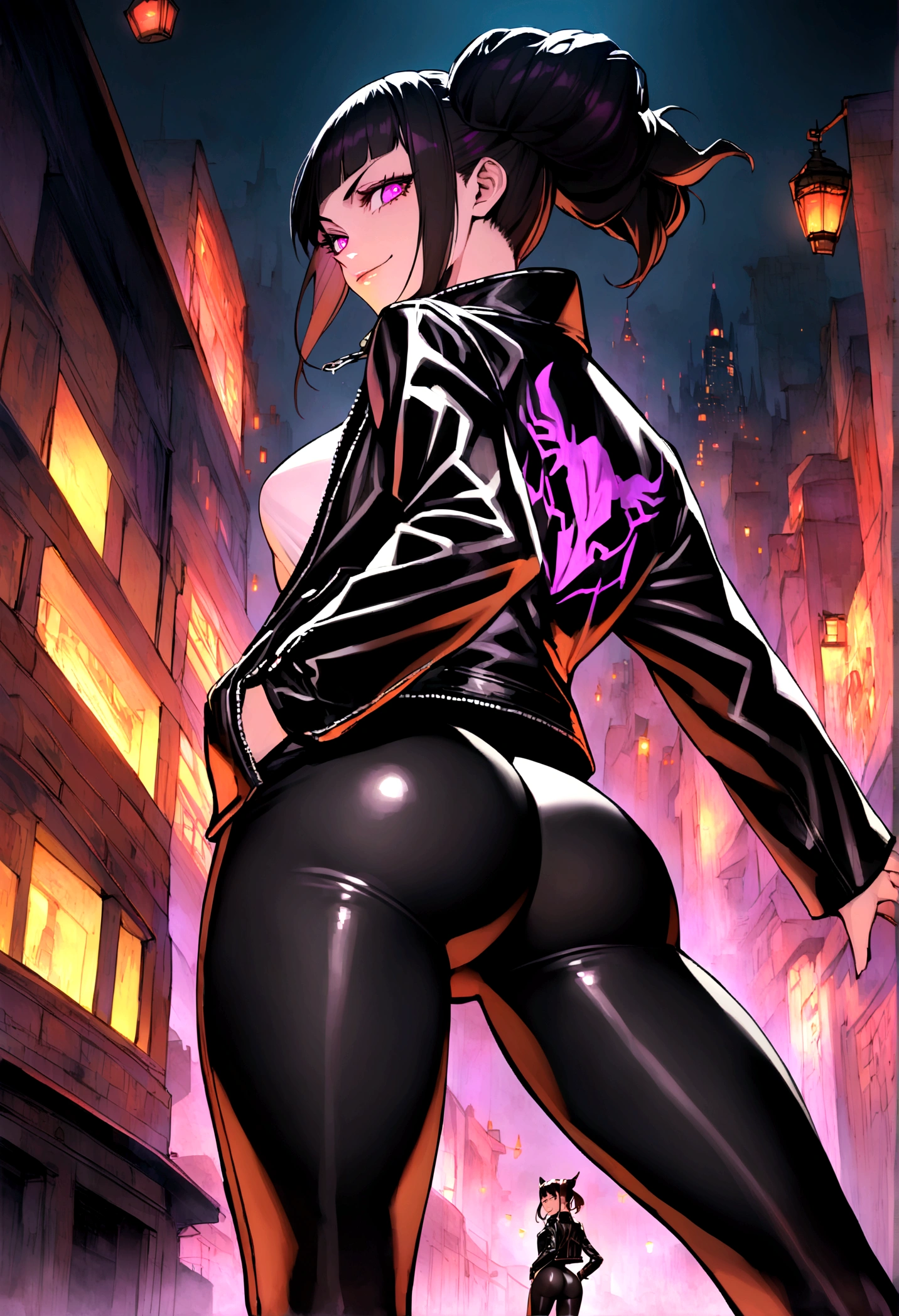 looking back,juri han,standing with your back to the viewer,beautiful young warrior , with a very detailed and beautiful face, beautifuleyes, beautifuleyes, gorgeous face, glowing purple eyes,beautiful young woman wearing long black leggings with black details, usando leather jacket preta, wearing black boots, horn hair, with black fringe, , evil smile ,white sweater with strap around, serious look,usando leather jacket preto, leather jacket,yellow lighting, evil smile,leggings,hands in pocket,beautiful ass,city at night illuminated,illuminated city alleys