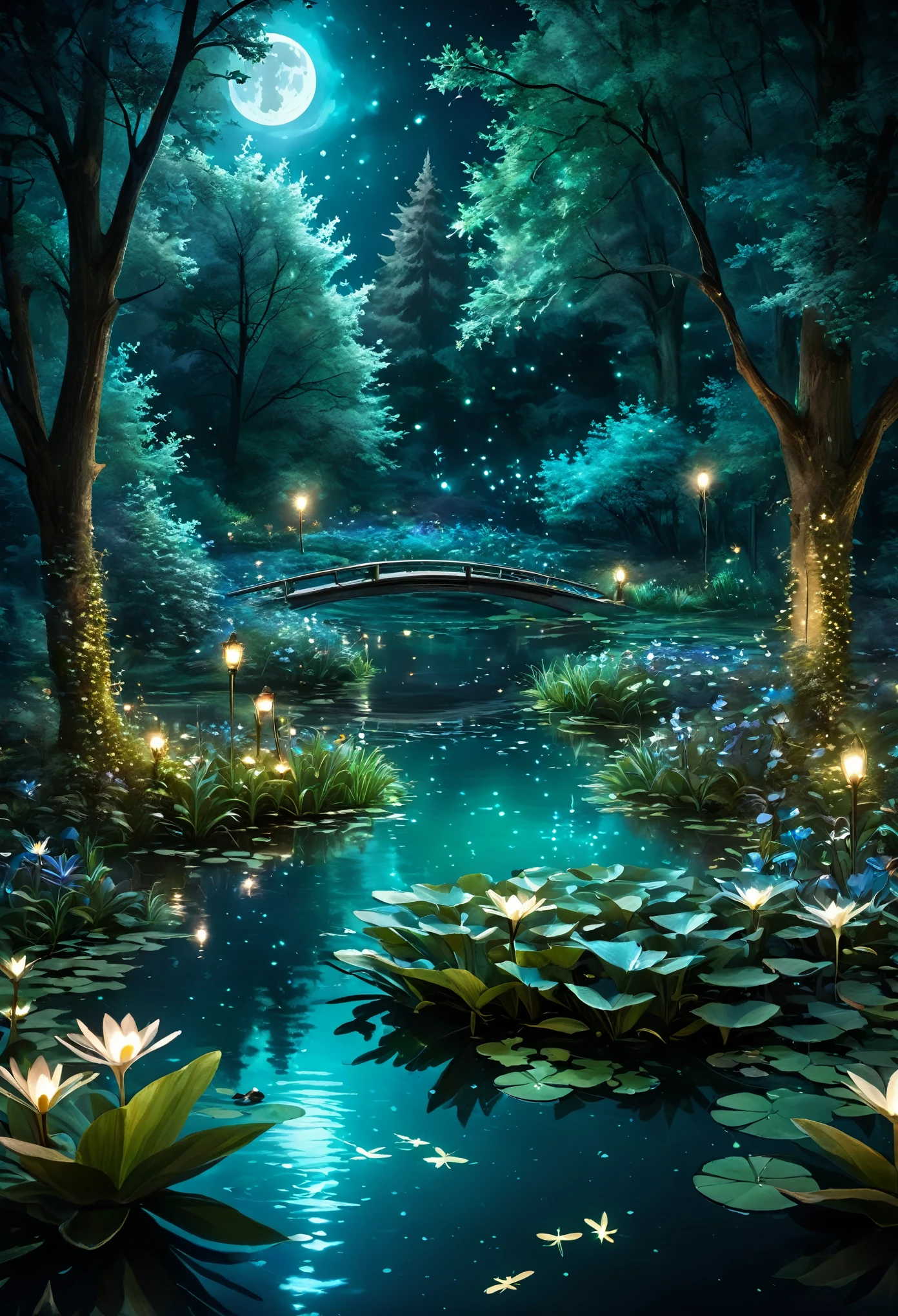 Pond at night:1.5, ((full shot:1.4)), ((beautiful pond at night in absolute darkness:1.5)), ((fireflies flying around illuminating the pond, glowing in the light of the moon, catching a firefly:1.5)), ((ultra detailed:1.5)), the lights of fireflies are reflected in the water:1.2, idyllic, dreamy, Fantasy:1.3)), dark environment soft moonlight reflecting in water, 8K ultra-realistic, portrait, highly detailed 32k digital art, beautiful digital art work, ((bluish, cyan, brown colors: 1.2)), 8k realistic digital art, soft lighting, (( highly detailed: 1.4) , ((masterpiece)), (Hyper detailed and beautiful: 1.3), (Photorealistic: 1.4)