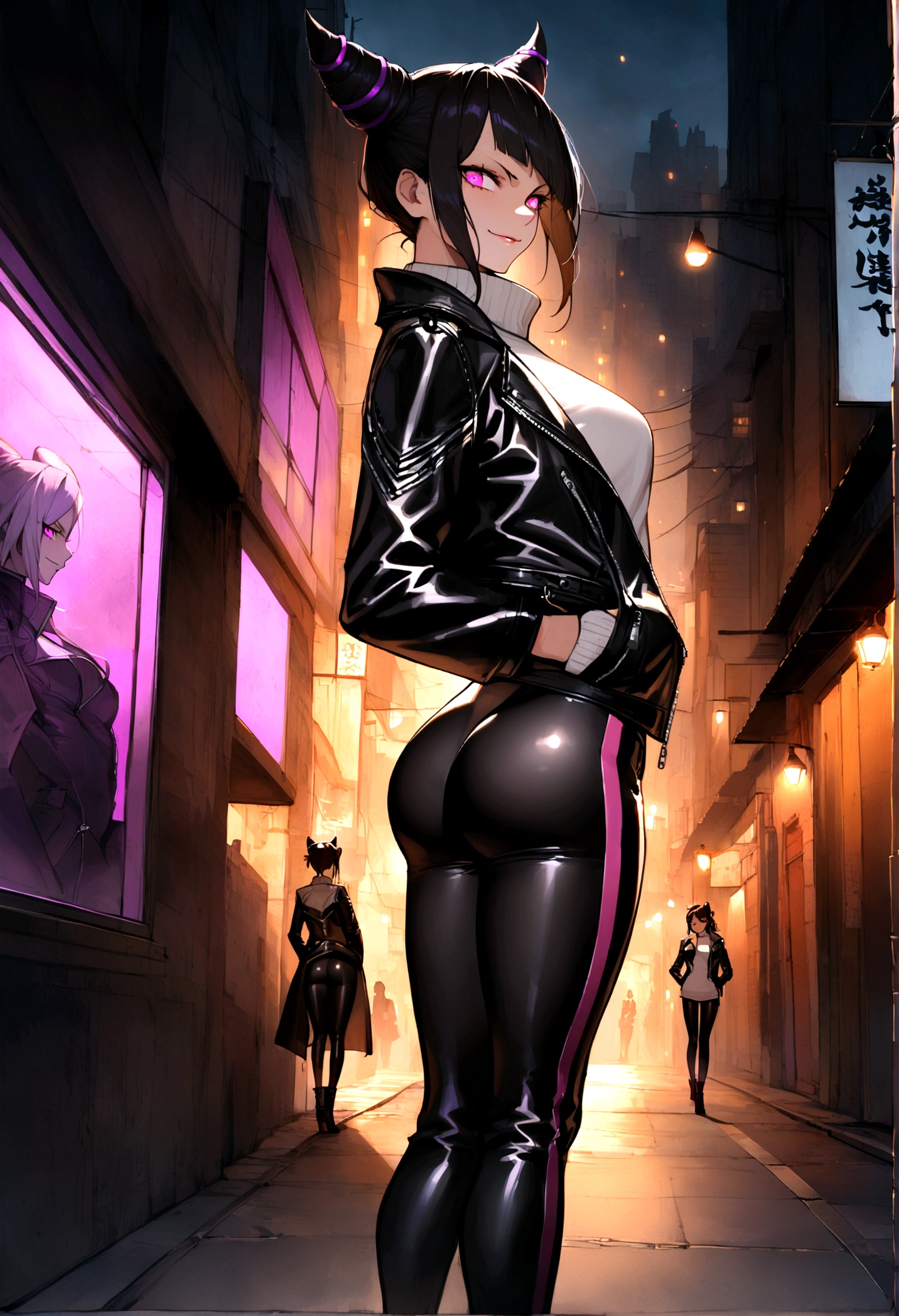 looking back,juri han,standing with your back to the viewer,beautiful young warrior , with a very detailed and beautiful face, beautifuleyes, beautifuleyes, gorgeous face, glowing purple eyes,beautiful young woman wearing long black leggings with black details, usando leather jacket preta, wearing black boots, horn hair, with black fringe, , evil smile ,white sweater with strap around, serious look,usando leather jacket preto, leather jacket,yellow lighting, evil smile,leggings,hands in pocket,beautiful ,city at night illuminated,illuminated city alleys
