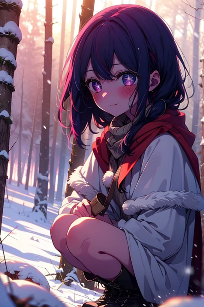 aihoshino, Ai Hoshino, Long Hair, bangs, (Purple eyes:1.1), Purple Hair, (Symbol-shaped pupil:1.5), smile,,smile,blush,White Breath,
Open your mouth,snow,Ground bonfire, Outdoor, boots, snowing, From the side, wood, suitcase, Cape, Blurred, , forest, White handbag, nature,  Squat, Mouth closed, Cape, winter, Written boundary depth, Black shoes, red Cape break looking at viewer, Upper Body, whole body, break Outdoor, forest, nature, break (masterpiece:1.2), Highest quality, High resolution, unity 8k wallpaper, (shape:0.8), (Beautiful and beautiful eyes:1.6), Highly detailed face, Perfect lighting, Extremely detailed CG, (Perfect hands, Perfect Anatomy),