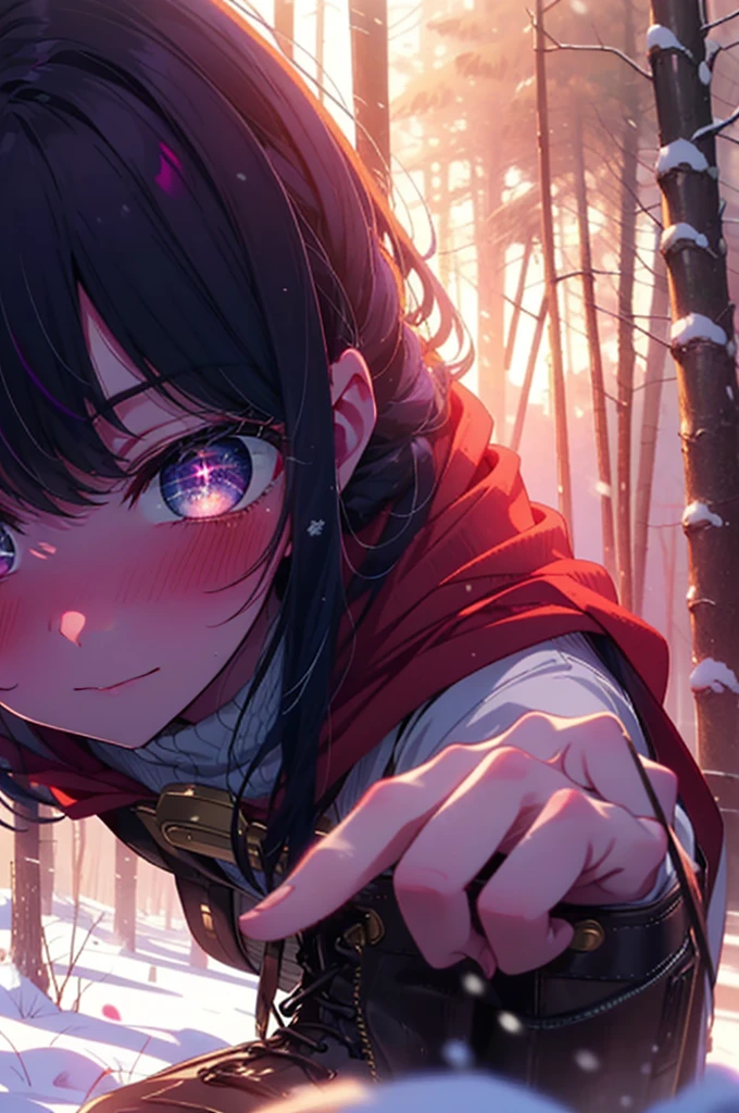 aihoshino, Ai Hoshino, Long Hair, bangs, (Purple eyes:1.1), Purple Hair, (Symbol-shaped pupil:1.5), smile,,smile,blush,White Breath,
Open your mouth,snow,Ground bonfire, Outdoor, boots, snowing, From the side, wood, suitcase, Cape, Blurred, , forest, White handbag, nature,  Squat, Mouth closed, Cape, winter, Written boundary depth, Black shoes, red Cape break looking at viewer, Upper Body, whole body, break Outdoor, forest, nature, break (masterpiece:1.2), Highest quality, High resolution, unity 8k wallpaper, (shape:0.8), (Beautiful and beautiful eyes:1.6), Highly detailed face, Perfect lighting, Extremely detailed CG, (Perfect hands, Perfect Anatomy),