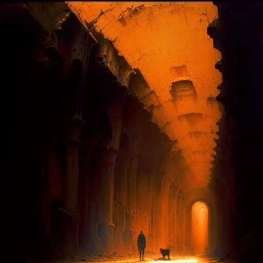 there is a man standing in a narrow tunnel with a dog, with inspiration from Beksinski, ( Beksinski ), audobon and Beksinski, high detailed Beksinski paintingg, cinematographic. Beksinski paintingg, Beksinski ”, Beksinski masterpiece, with. Beksinski, Beksinski painting, distaw Beksinski