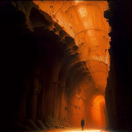 there is a man standing in a narrow tunnel with a dog, with inspiration from Beksinski, ( Beksinski ), audobon and Beksinski, high detailed Beksinski paintingg, cinematographic. Beksinski paintingg, Beksinski ”, Beksinski masterpiece, with. Beksinski, Beksinski painting, distaw Beksinski