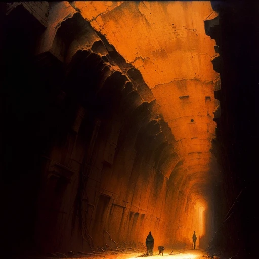 there is a man standing in a narrow tunnel with a dog, with inspiration from Beksinski, ( Beksinski ), audobon and Beksinski, high detailed Beksinski paintingg, cinematographic. Beksinski paintingg, Beksinski ”, Beksinski masterpiece, with. Beksinski, Beksinski painting, distaw Beksinski